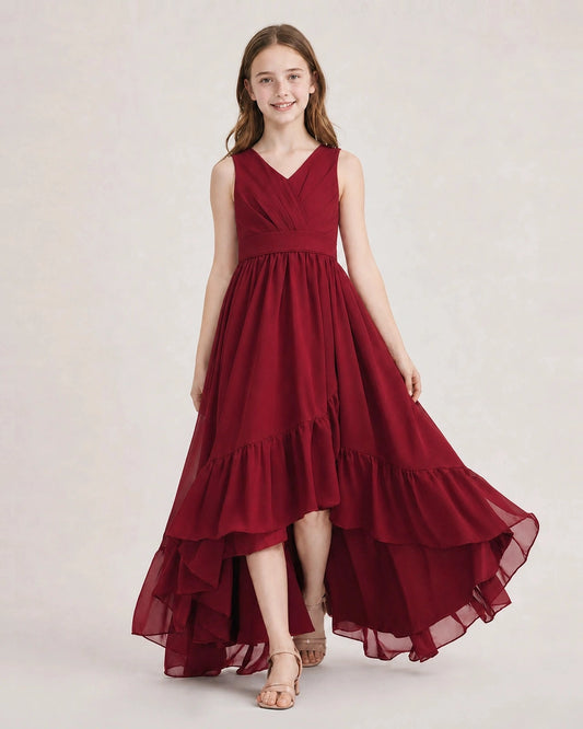 Elegant A Line V Neck Sleeveless Bow Back High Low Wedding Dress