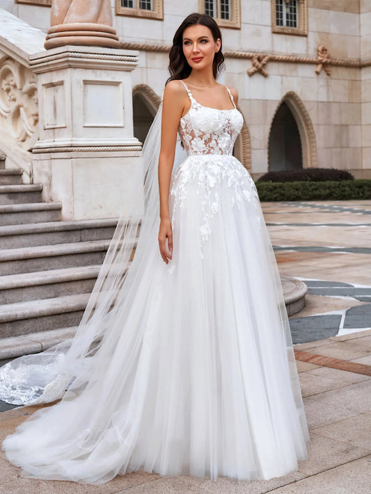 Romantic A-Line Square Neck Sleeveless Low Back Floor Length Wedding Dress
