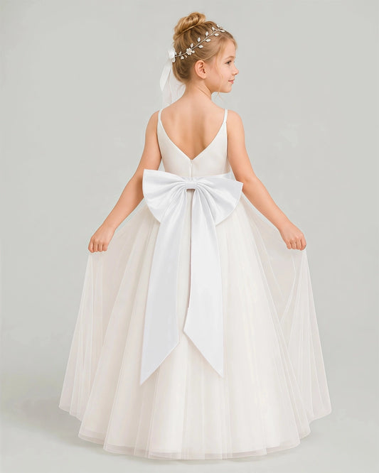 Elegant A-Line V-Neck Spaghetti Strap Bow Back Floor-Length Flower Girl Dress