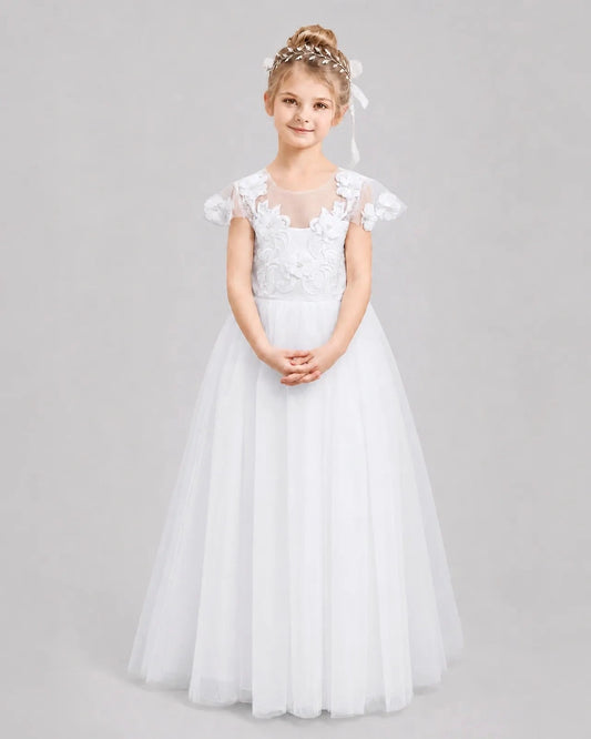 Elegant A-Line Round Neck Short Sleeve V-Back Maxi Flower Girl Dress