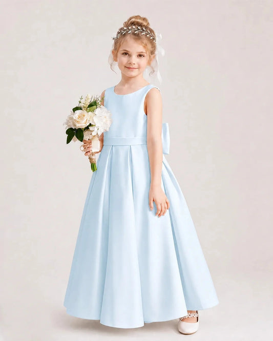 Elegant A-Line Round Neck Sleeveless Bow Back Ankle-Length Flower Girl Dress