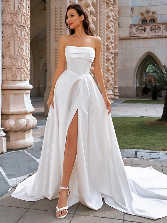 Elegant Ball Gown Straight Neck Sleeveless Low Back Floor Length Wedding Dress