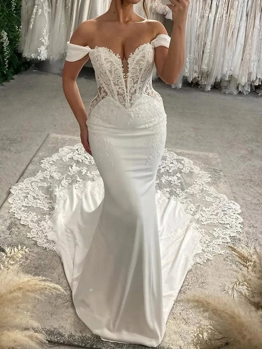 Elegant Mermaid Sweetheart Off Shoulder Illusion Back Floor Length Wedding Dress