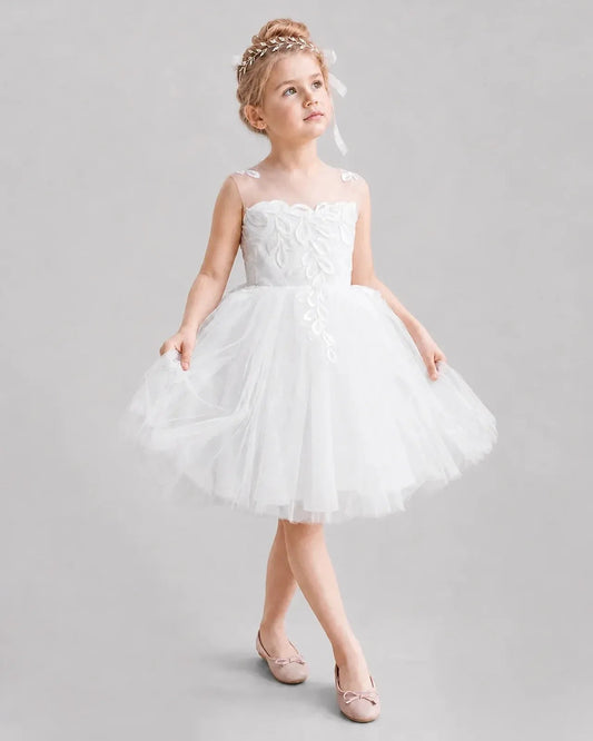 Elegant A-Line Illusion Neck Sleeveless V-Back Knee-Length Flower Girl Dress