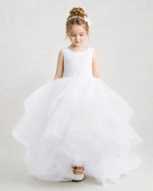 Elegant Ball Gown Round Neck Sleeveless V Back High Low Flower Girl Dress