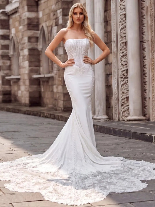Elegant Mermaid Straight Neck Strapless Sheer Back Floor Length Wedding Dress