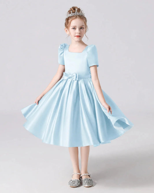 Elegant A-Line Square Neck Puff Sleeve Lace-Up Tea-Length Flower Girl Dress