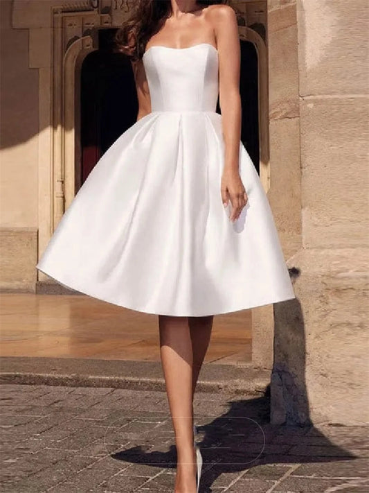 Elegant A-Line Strapless Sleeveless Zipper Back Tea-Length Wedding Dress