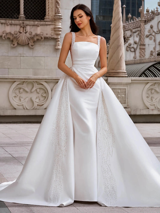 Elegant Mermaid Square Neck Sleeveless Low Back Floor Length Wedding Dress