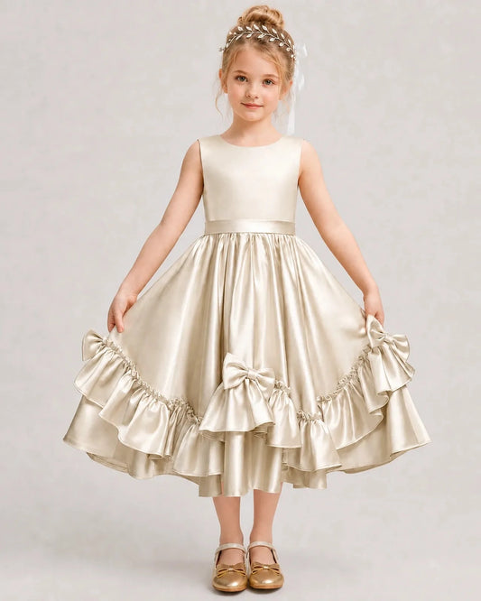 Elegant A-Line Round Neck Sleeveless V-Back Midi Flower Girl Dress