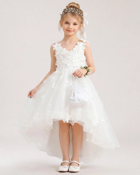 Elegant A Line V Neck Sleeveless Bow Back High Low Flower Girl Dress