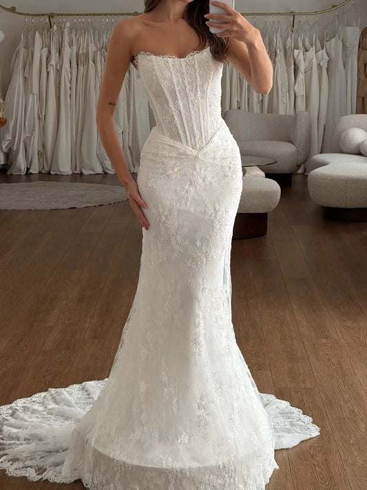 Romantic Mermaid Strapless Sleeveless Fitted Back Floor Length Wedding Dress