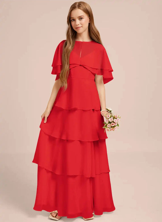 Flowy A-Line Round Neck Cape Sleeve Zipper Back Maxi Junior Bridesmaid Dress
