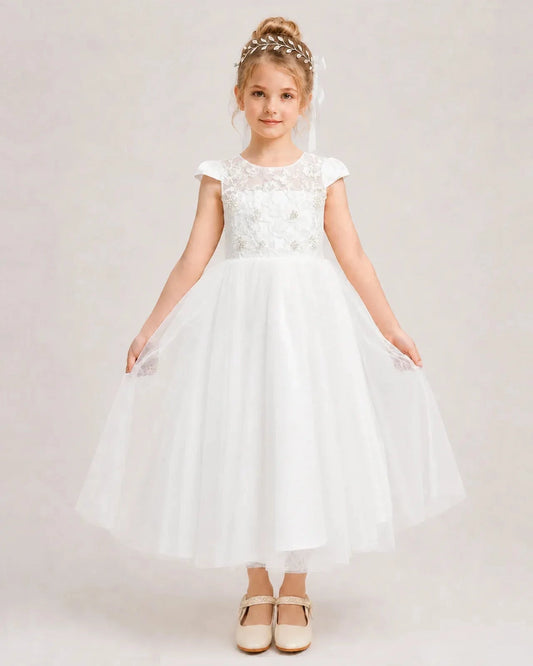 Elegant A-Line Round Neck Cap Sleeve Bow Back Tea-Length Flower Girl Dress