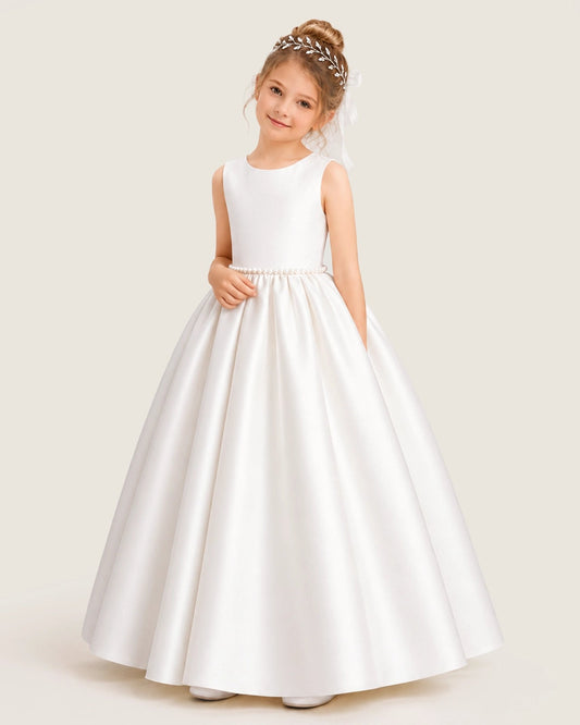 Elegant A-Line Round Neck Sleeveless Bow Back Floor-Length Flower Girl Dress