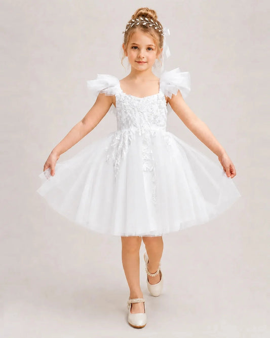 Elegant A-Line Square Neck Ruffle Sleeve Bow Back Knee-Length Flower Girl Dress