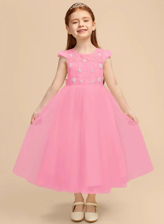 Heowos A-Line Lace First Communion Dress Cap Sleeve Midi Flower Girl Gown
