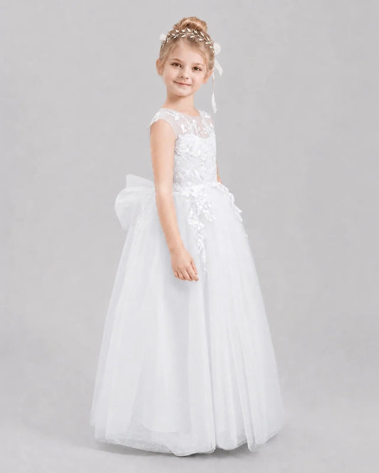 Elegant A-Line Illusion Neck Sleeveless V-Back Floor-Length Flower Girl Dress
