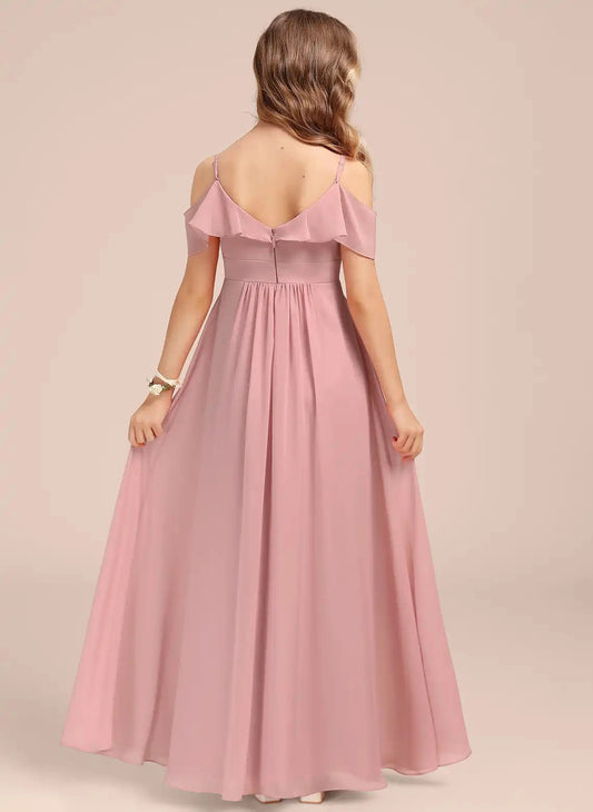 Elegant A-Line Off Shoulder Cold Shoulder V Back Long Junior Bridesmaid Dress