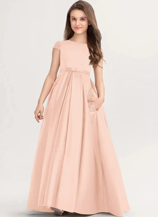 Elegant A Line Bateau Cap Sleeve Lace Back Floor Length First Communion Dress