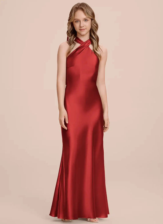 Luxury Mermaid Halter Sleeveless Bow Back Long Junior Bridesmaid Dress