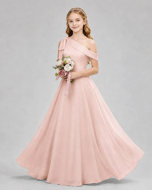Elegant A Line One Shoulder Sleeveless Bow Back Floor Length Wedding Dress