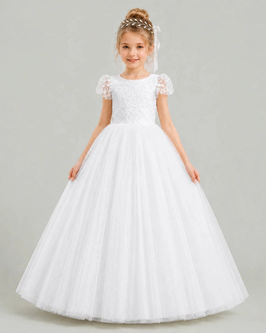 Elegant Ball Gown Round Neck Lace Sleeves Bow Back Floor Length Flower Girl Dress