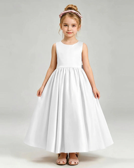 Elegant A-Line Round Neck Sleeveless Bow Back Long Flower Girl Dress