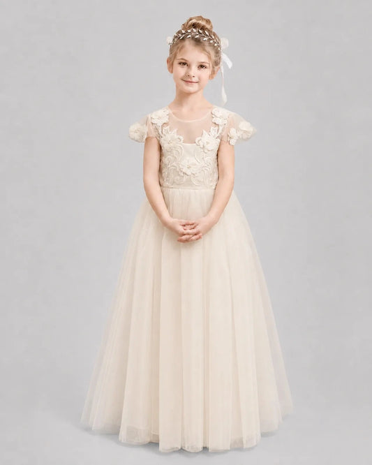 Elegant A-Line Round Neck Short Sleeve V-Back Maxi Flower Girl Dress