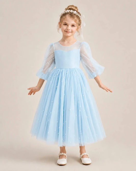 Elegant A-Line Round Neck Puff Sleeve Bow Back Midi Flower Girl Dress
