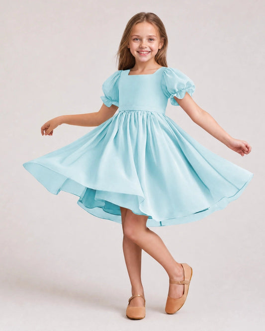 Elegant A-Line Square Neck Puff Sleeve Classic Back Knee-Length Flower Girl Dress
