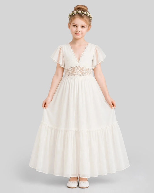Elegant A-Line V-Neck Flutter Sleeve Keyhole Back Maxi Flower Girl Dress