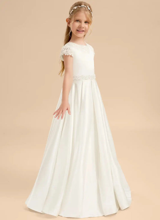 Elegant A Line Round Neck Cap Sleeve Lace Back Floor Length First Communion Dress