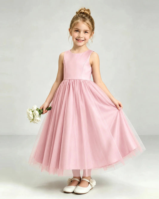 Elegant A-Line Round Neck Sleeveless Heart Back Ankle-Length Flower Girl Dress