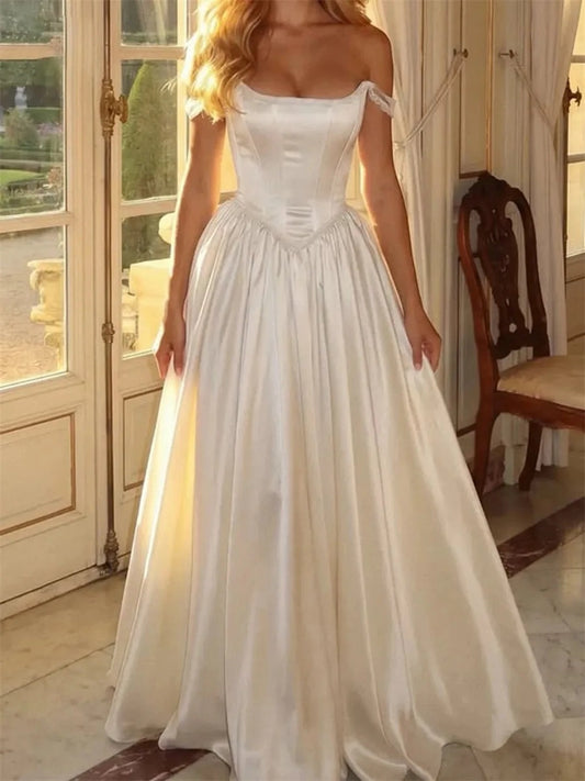 Elegant A-Line Square Neck Sleeveless Structured Back Floor-Length Wedding Dress