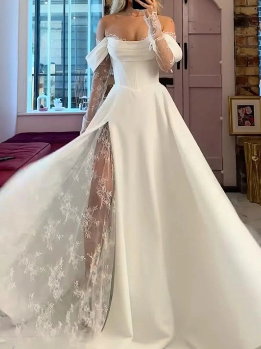 Romantic A-Line Cowl Neck Lace Sleeves Fitted Back Floor-Length Wedding Dress