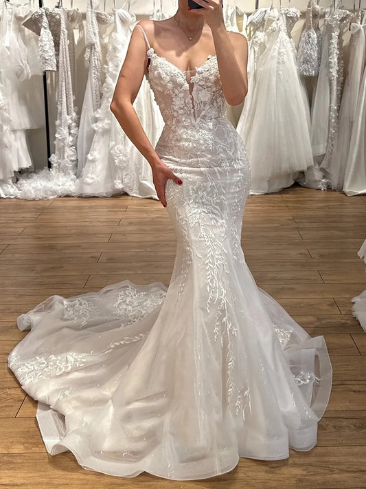 Romantic Mermaid V Neck Sleeveless Fitted Back Floor Length Wedding Dress