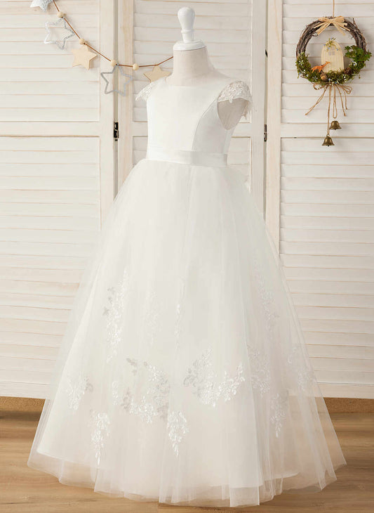 Elegant A-line Round Neck Cap Sleeve V Back Floor Length First Communion Dress