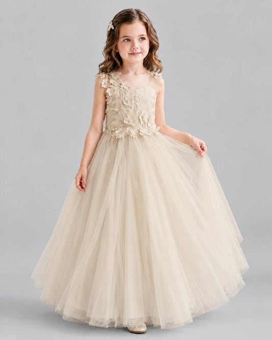 Elegant Ball Gown Illusion Neck Sleeveless V Back Floor Length Flower Girl Dress