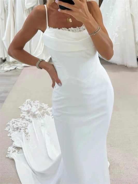 Elegant Mermaid Cowl Neck Sleeveless V Back Train Wedding Dress