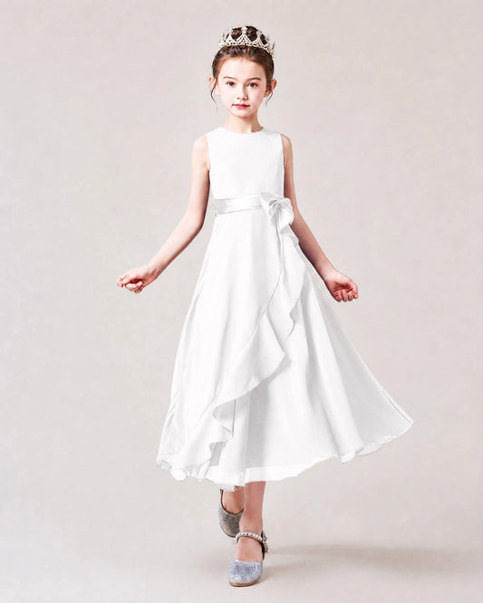 Elegant A-Line Round Neck Sleeveless Bow Back Ankle-Length Flower Girl Dress