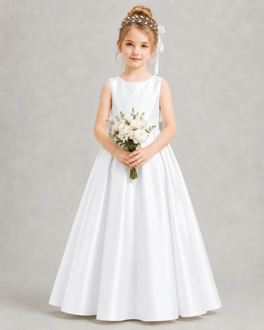 Elegant A-Line Round Neck Sleeveless Lace Bow Back Floor-Length Flower Girl Dress