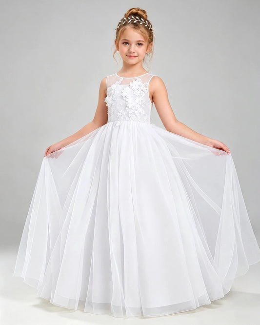 Elegant A-Line Illusion Neck Sleeveless V-Back Floor-Length Flower Girl Dress