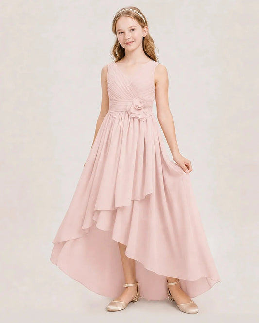 Elegant A Line V Neck Sleeveless Tie Back High Low Junior Bridesmaid Dress