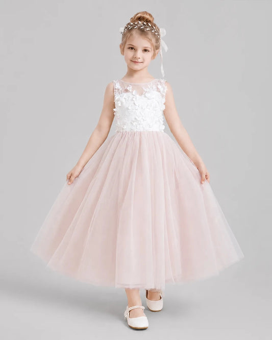 Romantic Ball Gown Illusion Neck Sleeveless Bow Back Tea Length Flower Girl Dress