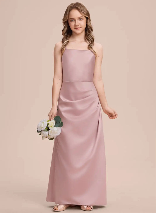 Satin Sheath Square Neck Sleeveless Heart Cutout Back Maxi Junior Bridesmaid Dress