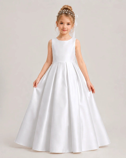 Elegant A-Line Round Neck Sleeveless V-Back Bow Floor-Length Flower Girl Dress