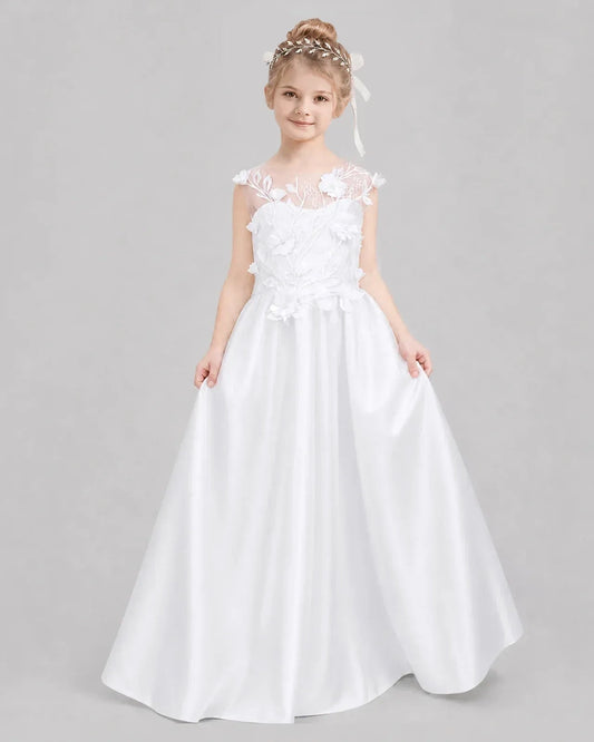 Elegant A-Line Illusion Neck Sleeveless Bow Back Floor-Length Flower Girl Dress