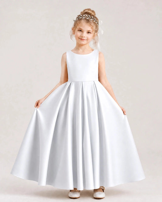 Elegant A-Line Round Neck Sleeveless Tie Back Floor Length Flower Girl Dress