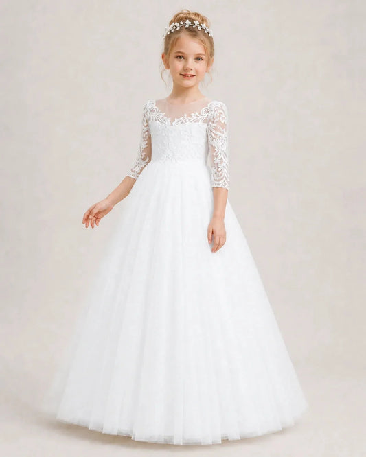 Elegant A-Line Illusion Neck 3/4 Sleeve Bow Back Floor-Length Flower Girl Dress